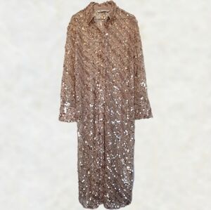 Zara Sequin Button Up Sheer Cardigan Long Sleeve Midi Shirtdress Rose Gold sz M